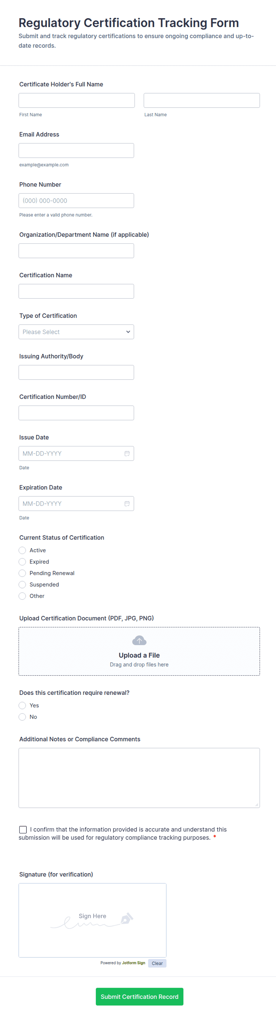 Regulatory Certification Tracking Form Template | Jotform