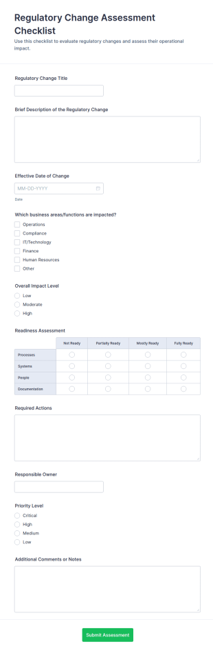 Regulatory Change Assessment Checklist Form Template