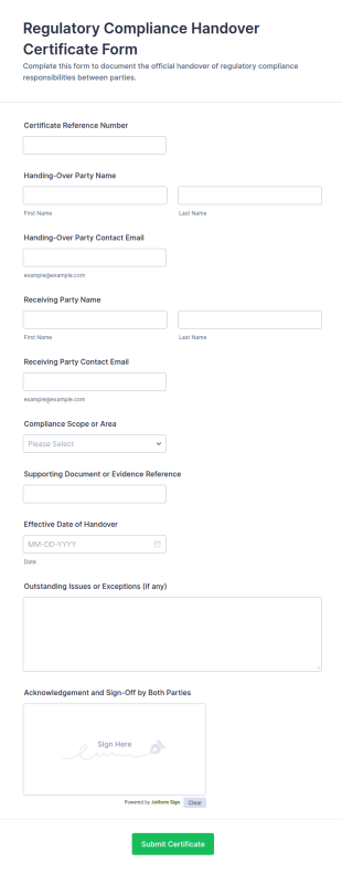 Regulatory Compliance Handover Certificate Form Template