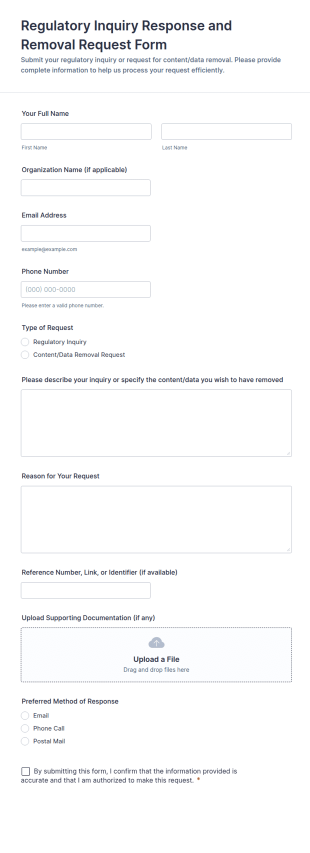 Regulatory Inquiry Response And Removal Request Form Template