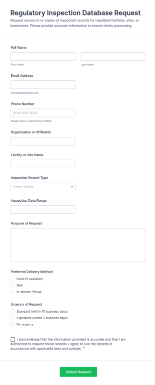 Regulatory Inspection Database Request Form Template
