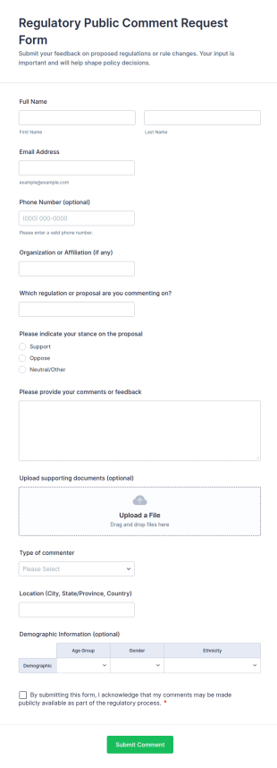 Regulatory Public Comment Request Form Template