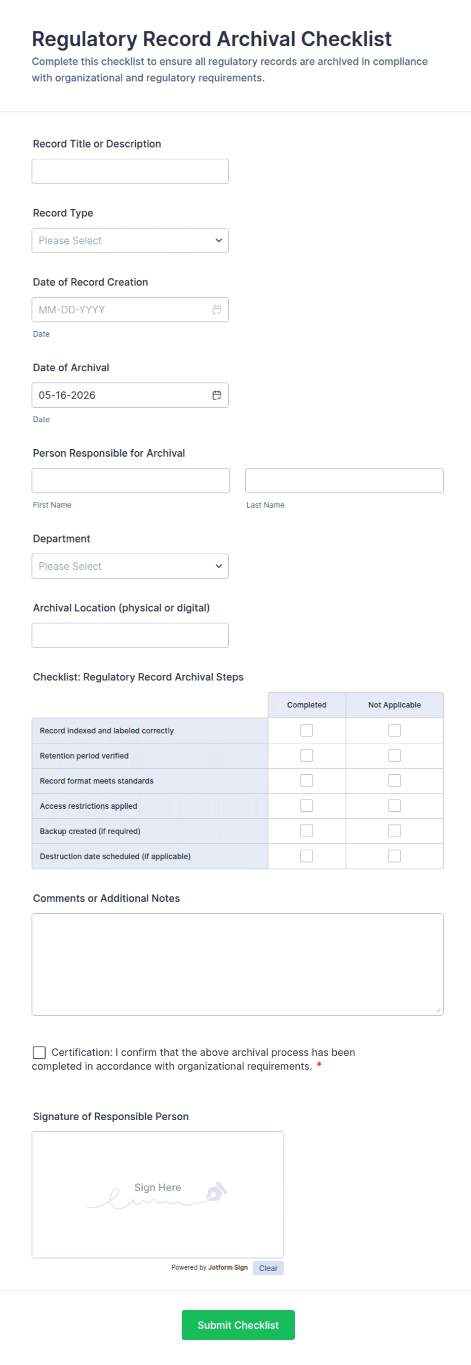 Regulatory Record Archival Checklist Form Template | Jotform