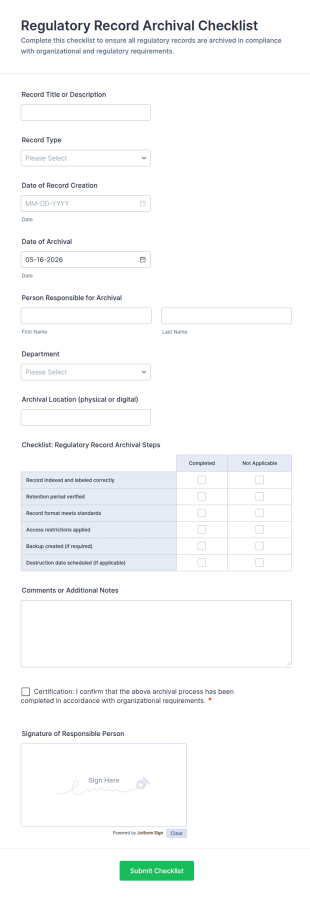 Regulatory Record Archival Checklist Form Template