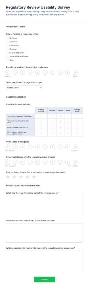 Regulatory Review Usability Survey Form Template