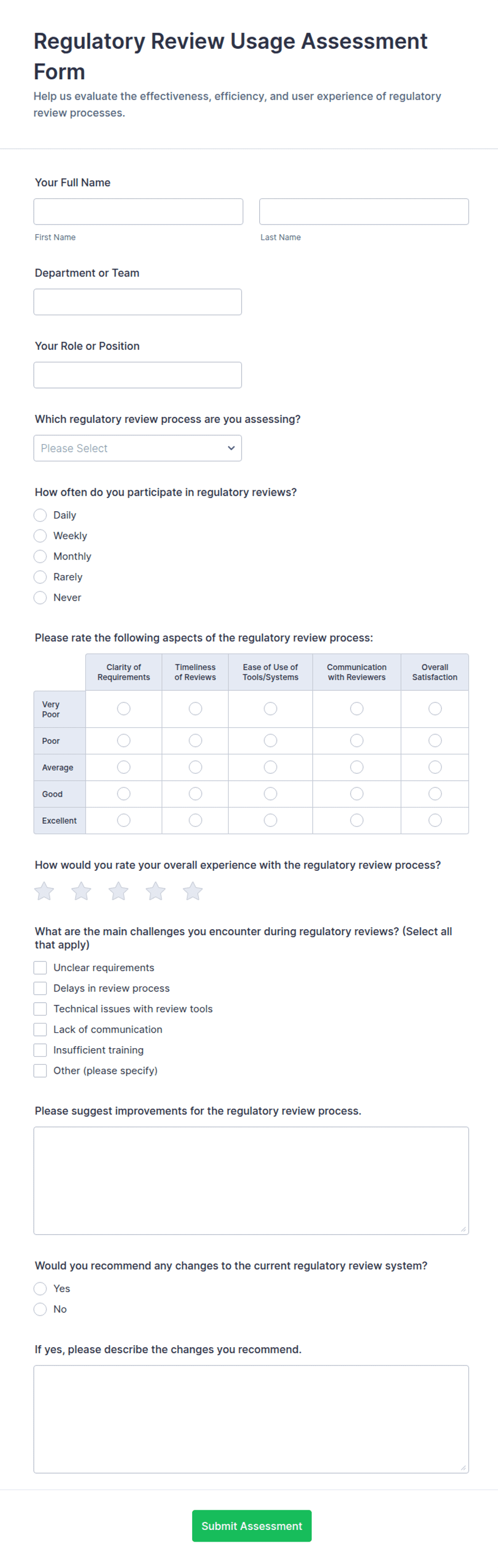 Regulatory Review Usage Assessment Form Template | Jotform