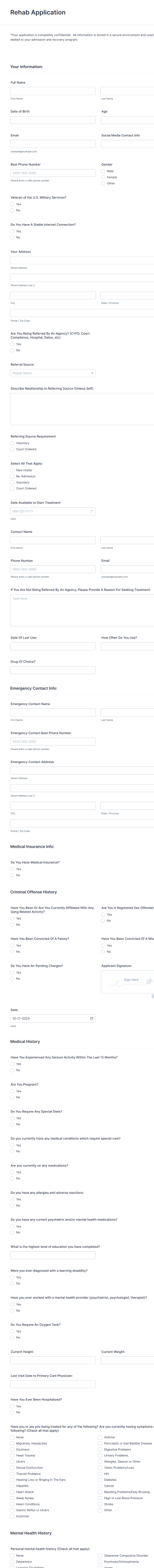 Rehab Application Form Template