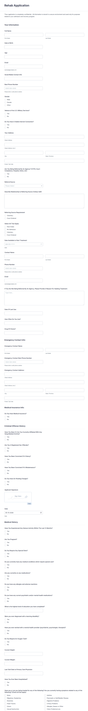Rehab Application Form Template