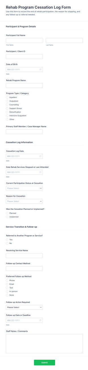 Rehab Program Cessation Log Form Template