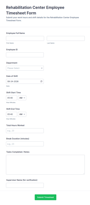 Rehabilitation Center Employee Timesheet Form Template