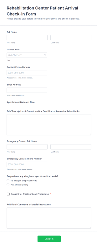 Rehabilitation Center Patient Arrival Check In Form Template