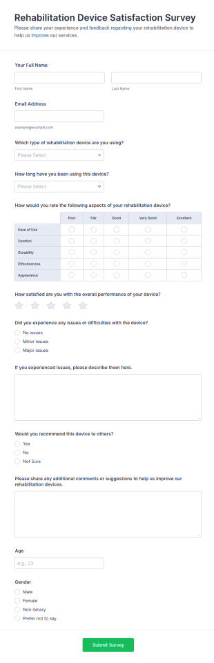Rehabilitation Device Satisfaction Survey Form Template