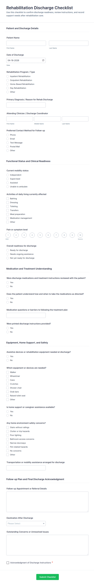 Rehabilitation Discharge Checklist Form Template
