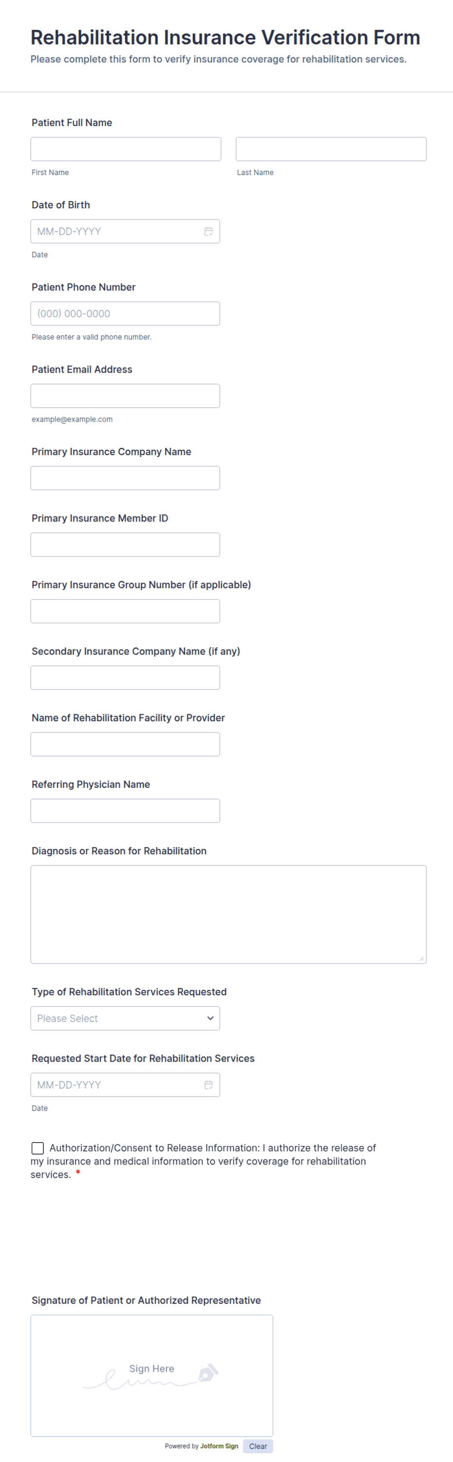 Rehabilitation Insurance Verification Form Template | Jotform