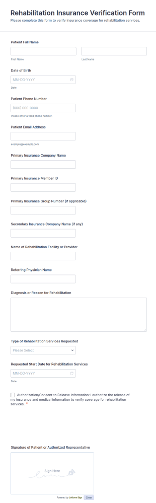 Rehabilitation Insurance Verification Form Template