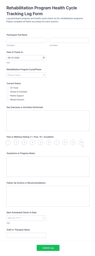 Rehabilitation Program Health Cycle Tracking Log Form Template