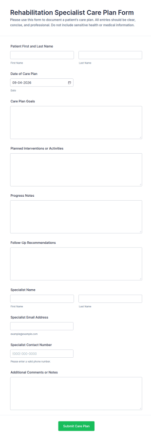 Rehabilitation Specialist Care Plan Form Template