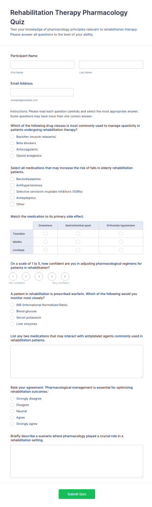 Rehabilitation Therapy Pharmacology Quiz Form Template
