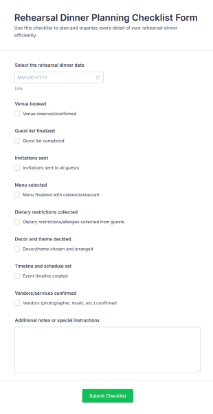 Rehearsal Dinner Planning Checklist Form Template