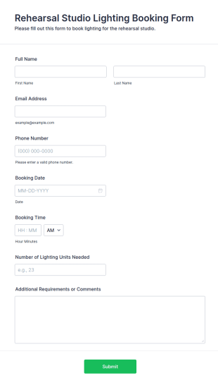 Rehearsal Studio Lighting Booking Form Template