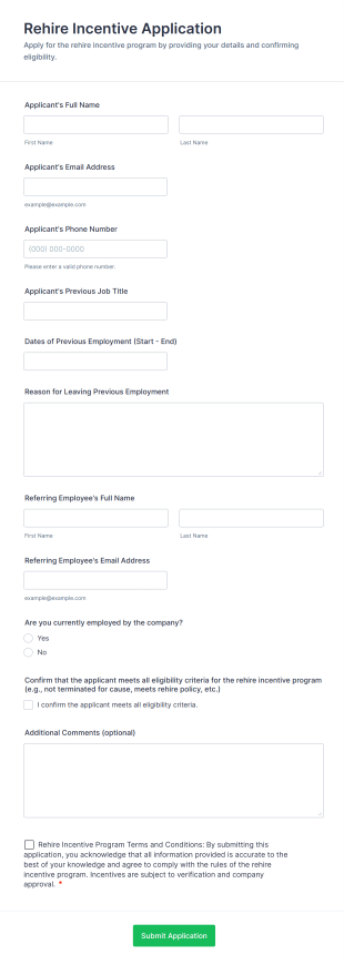 Rehire Incentive Application Form Template