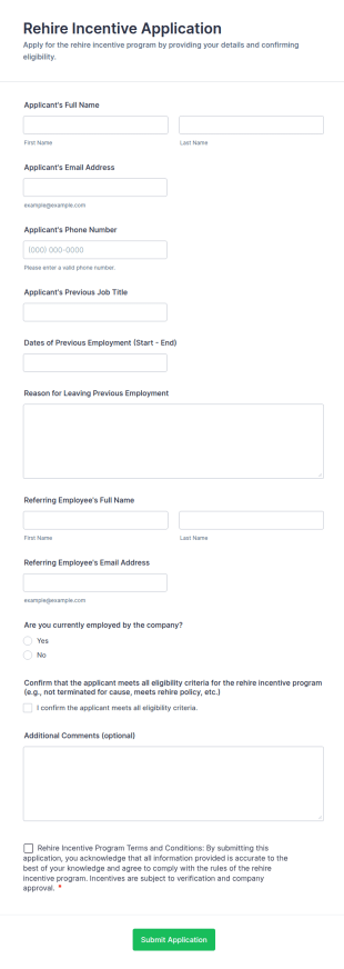Rehire Incentive Application Form Template