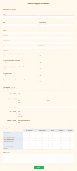 Rehome Application Form Template