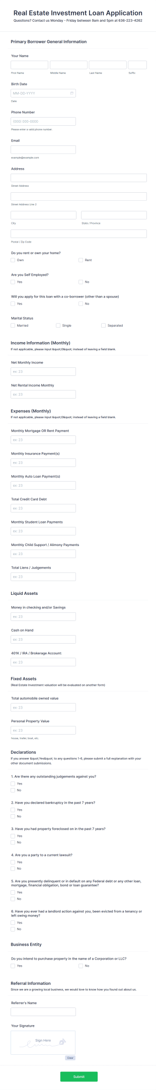Real Estate Investment Loan Application Form Template