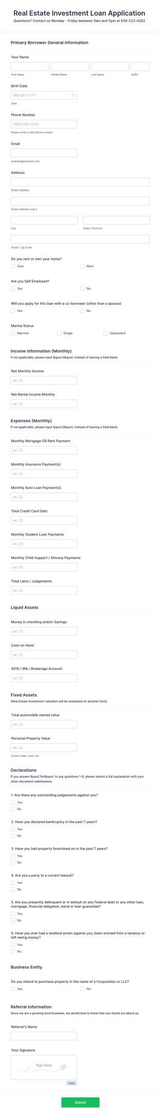 Real Estate Investment Loan Application Form Template