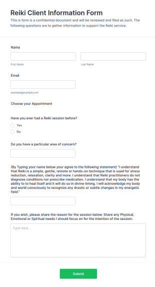 Reiki Client Information Form Template