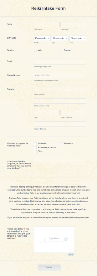 Reiki Intake Form Template