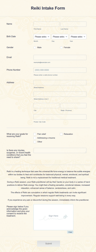 Reiki Intake Form Template