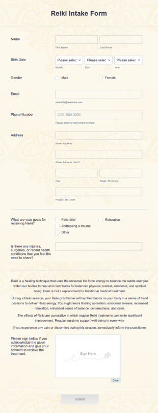Reiki Intake Form Template