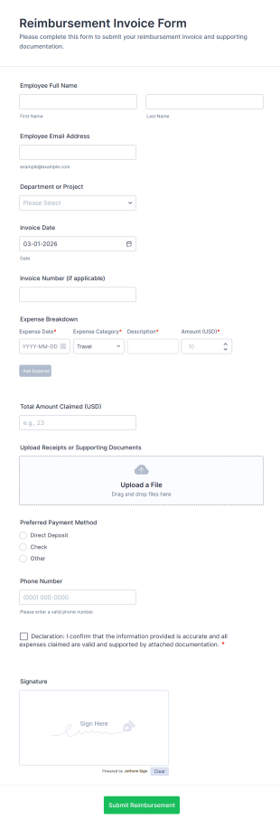 Reimbursement Invoice Form Template