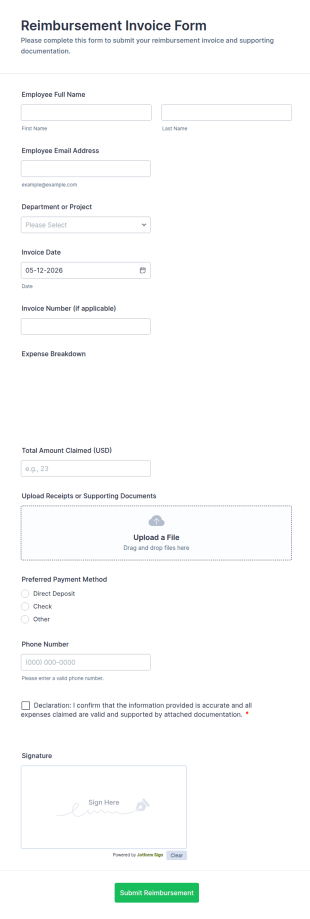 Reimbursement Invoice Form Template