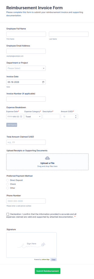 Reimbursement Invoice Form Template