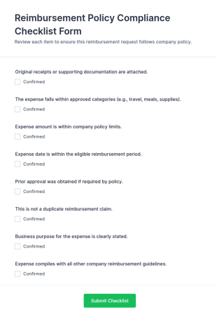 Reimbursement Policy Compliance Checklist Form Template