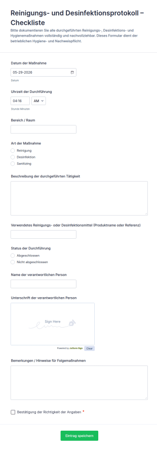 Reinigungs , Desinfektions Und Säuberungsprotokoll Formular