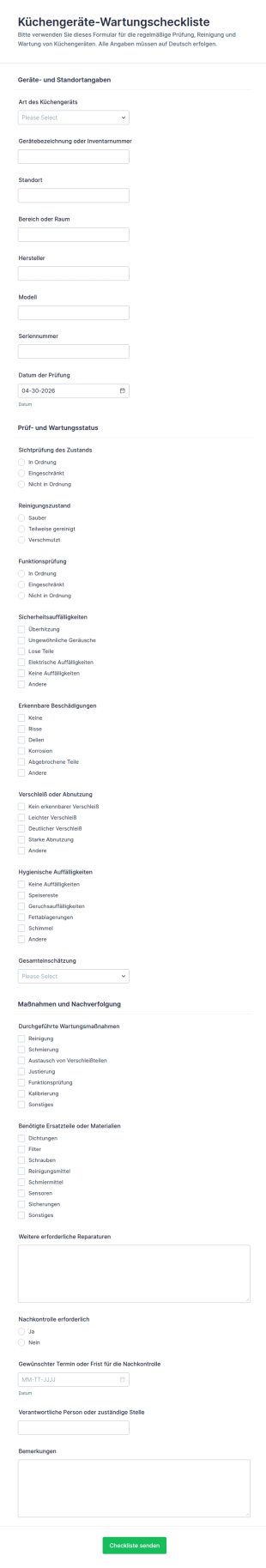 Reinigungs Und Wartungscheckliste Für Küchengeräte Formular