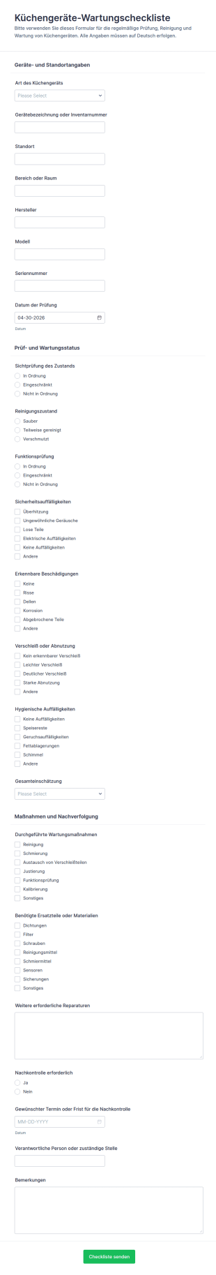 Reinigungs Und Wartungscheckliste Für Küchengeräte Formular