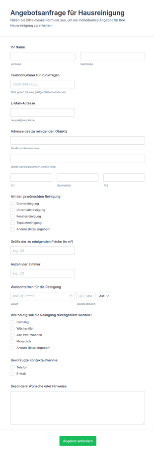 Reinigungsangebot Formular