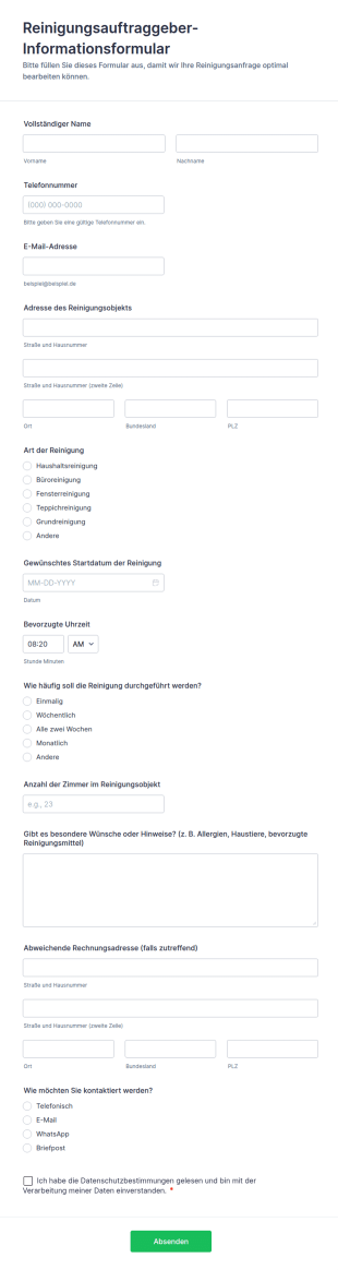 Reinigungsauftraggeber Informationsformular