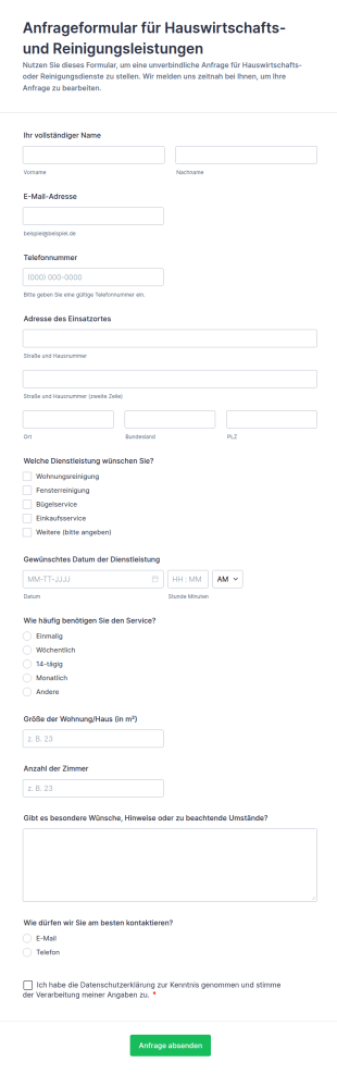 Reinigungsdienst Anfrage Formular 🧹