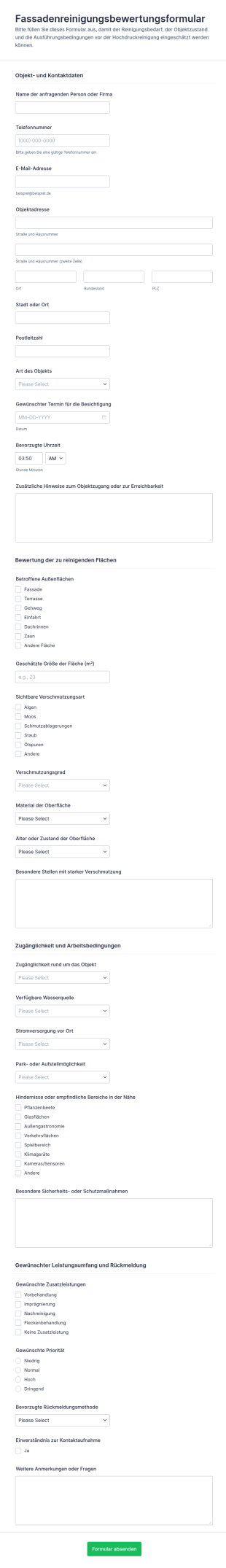 Immobilien Oberflächenreinigungsformular