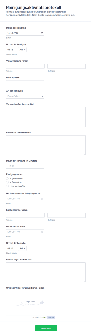 Reinigungsprotokoll Für Aktivitäten