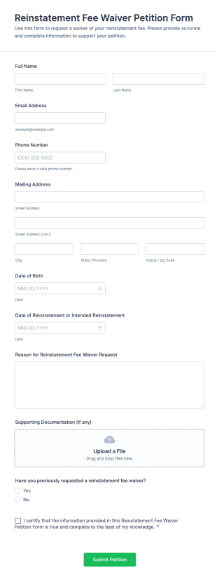 Reinstatement Fee Waiver Petition Form Template