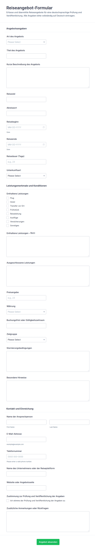 Reiseangebot Einreichungsformular