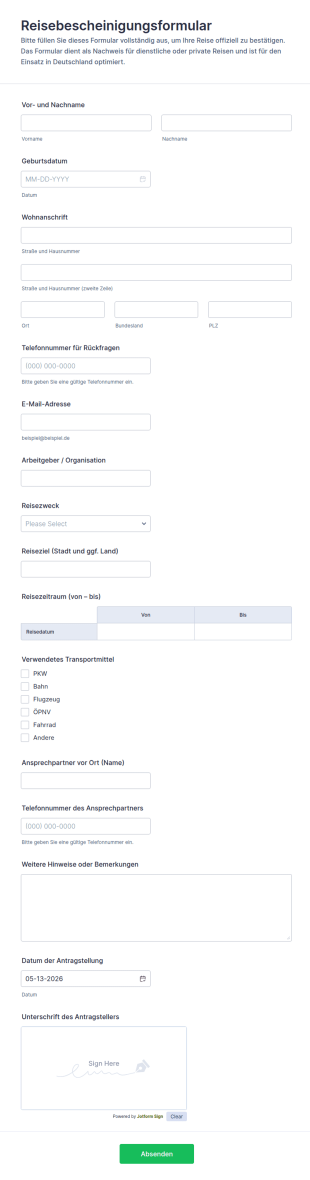 Reisebestätigung Formular