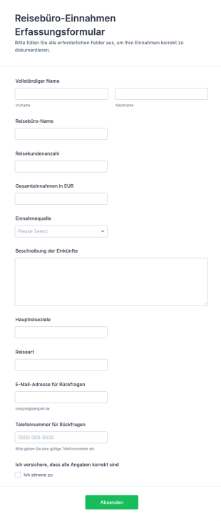Reisebüro Einnahmen Erfassungsformular