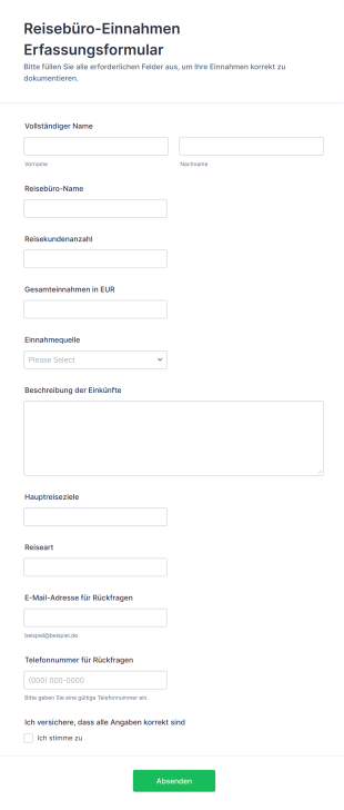 Reisebüro Einnahmen Erfassungsformular